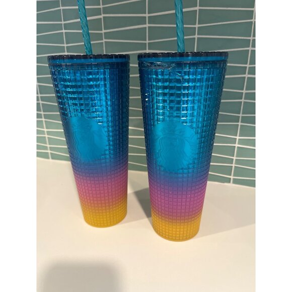 Starbucks Gradient Ombre Blue Pink Yellow Studded Tumbler With Straw 24 Oz Cup - Picture 2 of 8